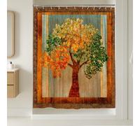 Cortina de ducha artística de árbol, decoración de baño de hojas verdes y naranjas otoñales, cortina de ducha de tela rústica moderna inspirada en la naturaleza con ganchos, 54 x 78 pulgadas
