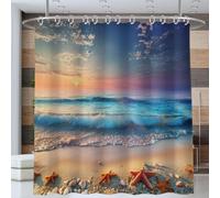 Cortina de Ducha Atardecer Playa Estrellas De Mar Conchas 71x71 Inch Cortina de Baño de Poliéster Impermeable Antimoho Lavable Cortine Ducha con 12 Ganchos (Ámbar Claro Naranja Azul Marino)