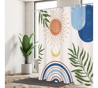 Cortina de Ducha Bohemia Azul, diseño de Sol, patrón de Hojas Minimalistas, con Ganchos, Cortinas de baño para Ducha y Cocina 100x190cm/39x75in(WxH)
