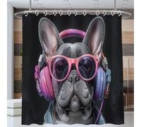 Cortina De Ducha Bulldog Con Gafas, Retrato Antropomórfico De Un Animal Cortina De Ducha Impermeable De Poliéster Con Ganchos, Lavable a Máquina, Para Baño Decoración Del Hogar 200*200cm, Gris Oscuro