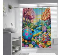 Cortina de Ducha caprichosa del Valle de Primavera Escena de Pascua Cortina de baño Huevos Gigantes Entre colinas onduladas y árboles en Flor Cortinas de bañera 200 x 200 cm