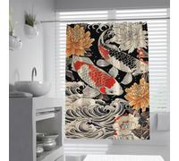 Cortina de Ducha clásica de Carpa mítica Ukiyo-E Waves Crisantemo Decoración de baño con Ganchos en Forma de C 120 x 200 cm