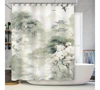 Cortina de Ducha clásica de inspiración asiática con diseño de Acuarela, pagodas y Flores de Cerezo (275 x 180 cm/Extra Larga)