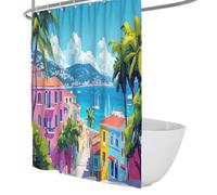 Cortina de Ducha Colorida Junto al mar, Cortinas de Ducha de Pueblo mediterráneo, Escena de la Costa de Palmera, Cortina de baño, decoración del baño, Tela Impermeable W90xL180 cm