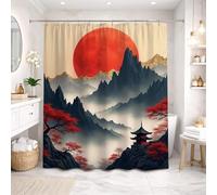 Cortina de ducha con diseño abstracto de sol rojo, cortina de baño con paisaje de montaña japonesa, decoración de bañera con estampado dorado y ganchos (145 x 190 cm / 57 x 75 pulgadas (ancho x alto))
