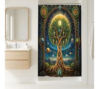 Cortina de ducha con diseño de árbol de la vida, decoración cósmica de baño verde y azul, para primavera y verano, moderna, artística, impermeable, con ganchos, 91 x 183 cm
