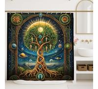Cortina de ducha con diseño de árbol de la vida, decoración cósmica de baño verde y azul, para primavera y verano, moderna, artística, impermeable, con ganchos, 72 x 72 pulgadas