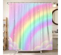 Cortina de ducha con diseño de arcoíris, nubes juguetonas, estrellas, primavera, melocotón, pastel, lavable, con ganchos, decoración decorativa para baño, habitación de invitados, 72 x 78 pulgadas