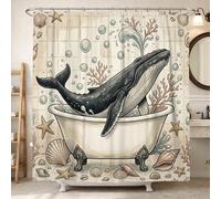 Cortina de ducha con diseño de ballena, burbujas de coral náuticas costeras, color azul verano, lavable, con ganchos, cortinas de ducha de tela para baño, habitación de invitados, 72 x 78 pulgadas