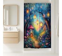 Cortina de ducha con diseño de bosque mágico, colorido cuento de hadas, farol de hongos, decoración de baño, cortina de ducha de tela impermeable para otoño e invierno, con ganchos, 91 x 183 cm