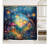 Cortina de ducha con diseño de bosque mágico, colorido cuento de hadas, farol de hongos, decoración de baño, cortina de ducha de tela impermeable para otoño e invierno, con ganchos, 72 x 72 pulgadas