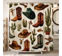 Cortina de ducha con diseño de botas vaqueras, sombreros de vaquero rústicos occidentales, color marrón, lavable, con ganchos, cortina decorativa para baño, dormitorio, 157 x 183 cm