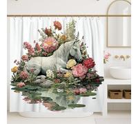 Cortina de ducha con diseño de caballo mágico, flores fantásticas, rocas primaverales, poliéster, impermeable, para baño, habitación de invitados, 72 x 72 pulgadas