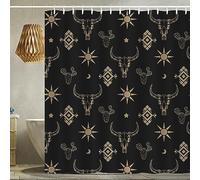 Cortina de Ducha con diseño de Calavera de Toro, Boho, Vaca, Cuerno, Cabeza de cráneo, Cactus, Bohemio, Negro y Dorado, Cortina de Ducha con Ganchos, 182 x 183 cm, Cortina de baño de poliéster