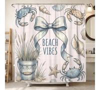 Cortina de ducha con diseño de cangrejo, diseño de conchas marinas y estrellas de mar, color azul verano, tela impermeable, decoración para baño, habitación de invitados, 72 x 72 pulgadas