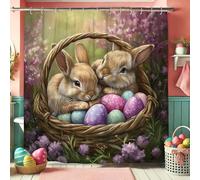 Cortina de ducha con diseño de cesta de conejo, decoración de Pascua azul melocotón pastel para baño, juego de cortina de ducha de tela impermeable floral de primavera con ganchos, 72 x 78 pulgadas