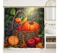 Cortina de ducha con diseño de cesta de cosecha, decoración de baño de calabaza otoñal y frutas, cortina de ducha de tela impermeable con ganchos, 72 x 84 pulgadas