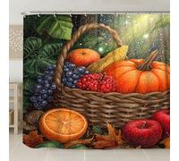 Cortina de ducha con diseño de cesta de cosecha, decoración de baño de calabaza otoñal y frutas, cortina de ducha de tela impermeable con ganchos, 274 x 183 cm