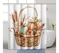 Cortina de ducha con diseño de cesta de cosecha otoñal, acuarela, naranja, verde, beige, calabaza, fruta, trigo, decoración de otoño, Acción de Gracias, tela impermeable, juego de cortina de ducha con