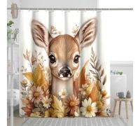 Cortina de ducha con diseño de ciervo, diseño floral otoñal, marrón, beige, cervatillo, decoración de baño para otoño, estilo de temporada, moderno juego de cortina de ducha de tela impermeable con