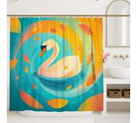 Cortina de ducha con diseño de cisne, diseño de hojas de color verde azulado y naranja, decoración de baño, para primavera y verano, moderna, artística, impermeable, con ganchos, 72 x 84 pulgadas