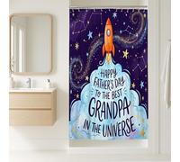 Cortina de ducha con diseño de cohete, estrellas y nubes para el Día del Padre, color violeta, lavable, con ganchos, cortina de baño decorativa para baño, decoración de habitación de invitados, 91 x