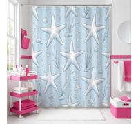 Cortina de ducha con diseño de estrella de mar, algas marinas náuticas costeras, color azul, lavable, con ganchos, diseño impreso, decoración para dormitorio universitario, baño, 54 x 78 pulgadas