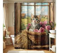 Cortina de ducha con diseño de gatito colorido en cesta floral para decoración de baño, primavera, verano, moderno, rústico, impermeable, juego de cortina de ducha con ganchos, 72 x 78 pulgadas
