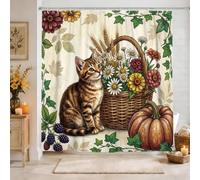 Cortina de ducha con diseño de gatito, diseño rústico con flores de cesta de color marrón otoño, impermeable, de poliéster, para baño, dormitorio, 157 x 183 cm