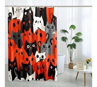 Cortina de ducha con diseño de gato, colorido, rojo, negro, blanco, gatito, decoración de baño, festiva, Halloween, otoño, divertido, juego de tela impermeable con ganchos, 72 x 72 pulgadas