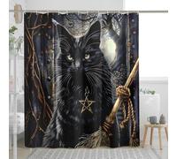 Cortina de ducha con diseño de gato, diseño místico de brujas de Halloween, decoración de bosque encantado, cortina de ducha moderna de tela impermeable con ganchos, 72 x 72 pulgadas