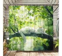 Cortina de ducha con diseño de gato dormido, diseño de hoja de acuarela, cortina de baño para decoración de baño, primavera verano inspirado en la naturaleza, cortina de ducha moderna de tela