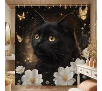 Cortina de ducha con diseño de gato místico con mariposas doradas y flores, decoración para el baño, otoño e invierno, diseño moderno de fantasía, impermeable, con ganchos, 183 x 183 cm