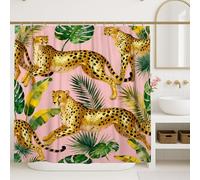 Cortina de ducha con diseño de guepardo, hojas de palma tropicales contemporáneas, follaje tropical, color dorado, lavable, con ganchos, cortinas de tela para baño, decoración de habitación de