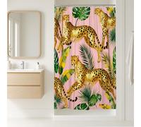 Cortina de ducha con diseño de guepardo, hojas de palma tropicales contemporáneas, follaje tropical, poliéster dorado, impermeable, para baño, decoración de habitación de invitados, 91 x 183 cm