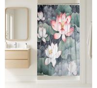 Cortina de ducha con diseño de lirio de agua, acuarela, color melocotón, blanco, verde, floral, decoración de baño, primavera, verano, moderna, elegante, impermeable, con ganchos, 91 x 183 cm