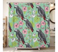 Cortina de ducha con diseño de loro, diseño de hojas de hibisco tropical, color verde, tela impermeable, decoración para baño, dormitorio, 157 x 183 cm