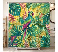 Cortina de ducha con diseño de loro, hojas de palma de leopardo vibrante tropical, color verde verano, lavable, con ganchos, cortinas de ducha para baño, bañera, apartamento, decoración de 62 x 72