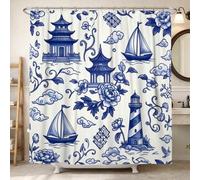 Cortina de ducha con diseño de pagoda, faro tradicional oriental de velero, color azul primavera, poliéster, impermeable, decorativa, para baño, dormitorio, 157 x 183 cm