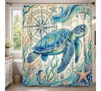 Cortina de ducha con diseño de tortuga, brújula marina, estrella de mar, color azul, de poliéster, impermeable, para baño, bañera, apartamento, decoración de 137 x 190 cm