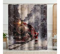 Cortina de ducha con diseño de tren de Papá Noel, cortina de ducha festiva de color rojo y verde para decoración de baño, juego de cortina de ducha de tela impermeable rústica de invierno con ganchos