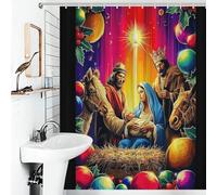 Cortina de ducha con diseño navideño de belén con estrellas luminosas, impermeable, resistente al moho, secado rápido, resistente al moho, diseño moderno, 143 x 180 cm