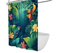 Cortina de Ducha con Estampado botánico gráfico Siluetas de Flora Tropical y Aves Cortinas de baño Hojas de Palma Decoración de baño Verde Lavable W180xL200 cm