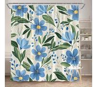 Cortina de Ducha con Estampado Floral Azul en Acuarela y temática de Año Nuevo, Cortinas de baño de poliéster Impermeables con Ganchos (170 x 240 cm/Ancho x Alto)
