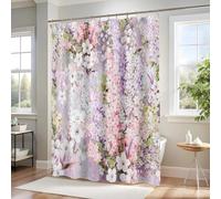 Cortina de Ducha con Flores moradas en Flor, Color Rosa, Tela Floral Bonita, decoración de Acuarela para baño (140 x 255 cm, Impermeable)