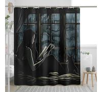 Cortina de ducha con ilustración, cortina de ducha de gato con lectura nocturna oscura y lluviosa para decoración de baño, para todas las estaciones, acogedora, moderna, impermeable, juego de cortina