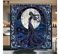 Cortina de ducha con luz de luna, decoración celestial azul y plateada para baño, diseño nocturno místico perfecto para el hogar moderno, juego de cortina de ducha de tela impermeable con ganchos, 72