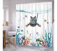 Cortina de ducha de 180 x 180 cm, dise?o de gato buceador, impermeable, lavable, de secado r?pido, de tela de poli?ster, accesorio de ba?o con 12 ganc