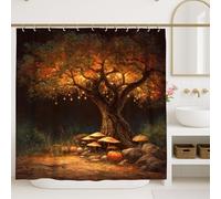 Cortina de ducha de árbol de otoño, luces naranjas cálidas y setas, decoración de baño, cosecha de otoño, acogedora cortina de ducha de tela impermeable rústica con ganchos, 72 x 84 pulgadas