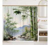 Cortina de ducha de bambú, montañas de agua serena natural, verde, diseño de tela impermeable, decoración para baño, habitación de invitados, 72 x 78 pulgadas